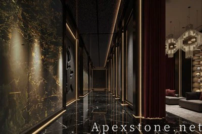 Quruq yotqizilgan qora marmar devor koridori / yo'lak